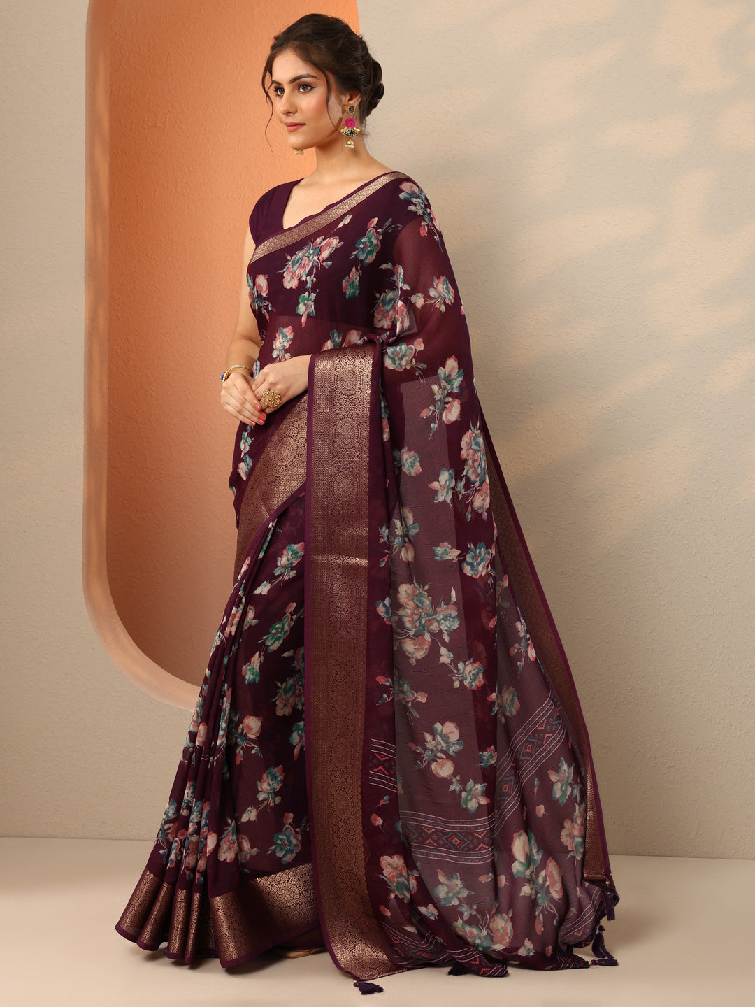  Burgundy Printed Georgette Saree With Unstitched Blouse Piece 
