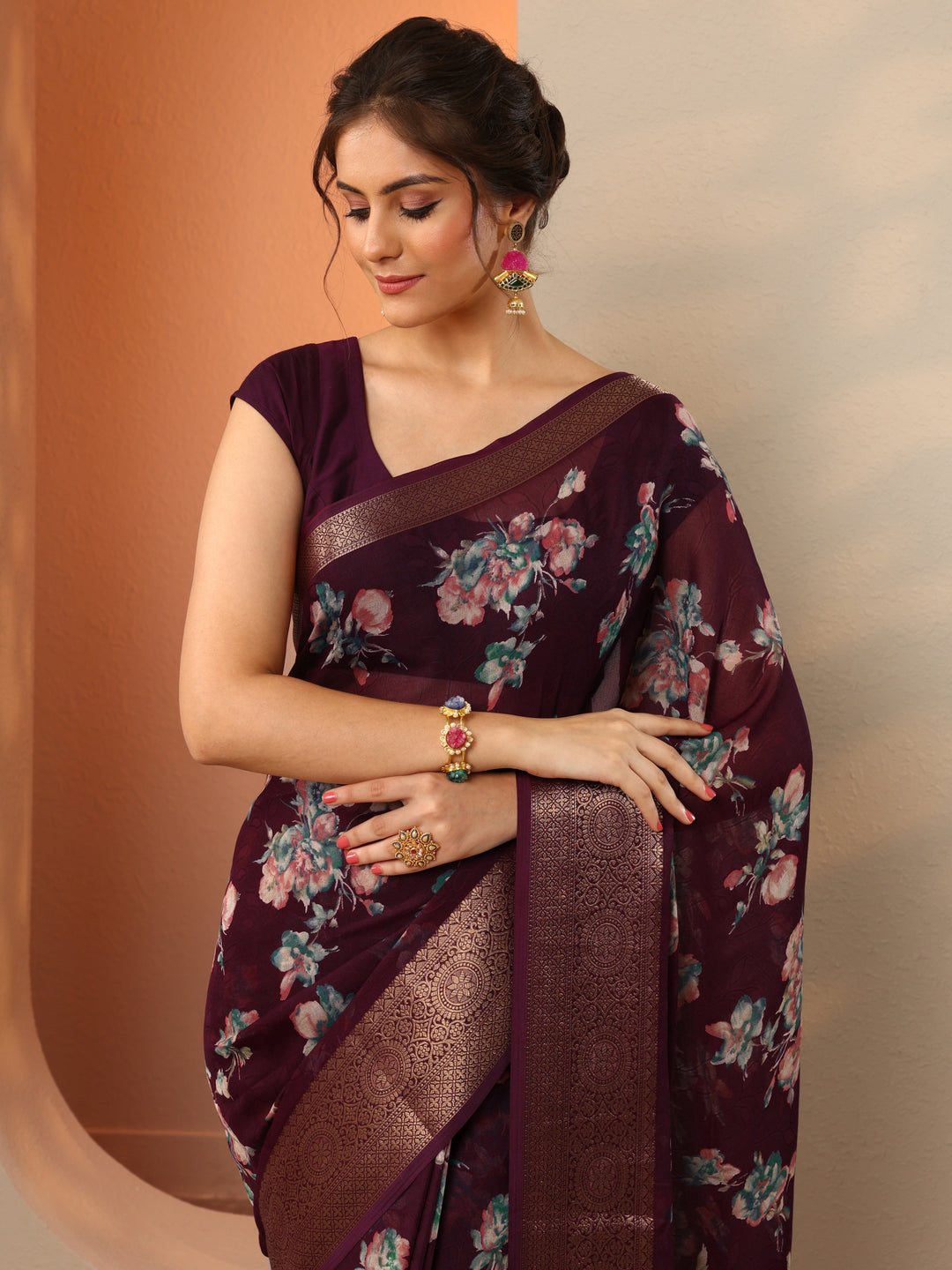  Burgundy Printed Georgette Saree With Unstitched Blouse Piece 