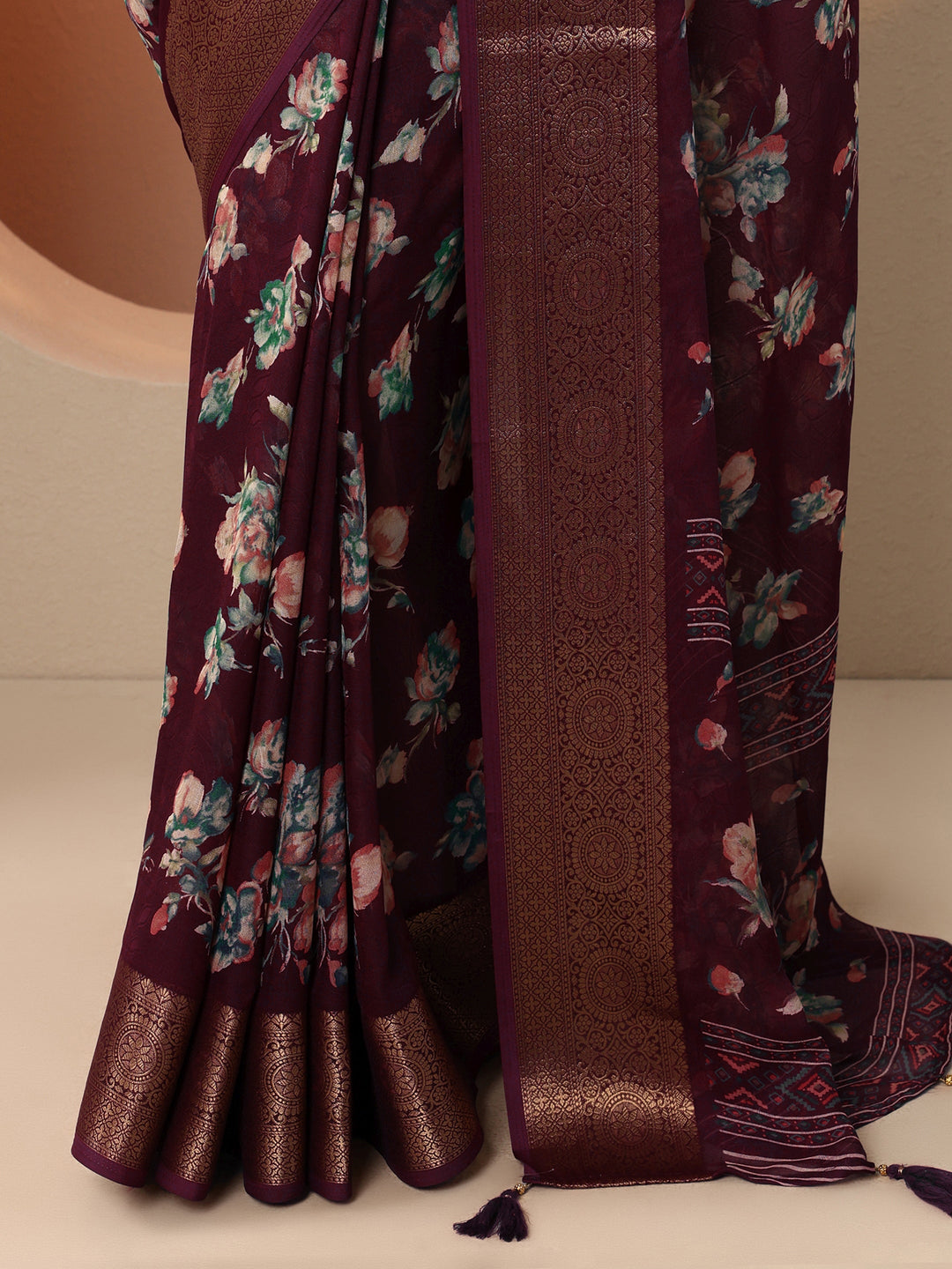  Burgundy Printed Georgette Saree With Unstitched Blouse Piece 