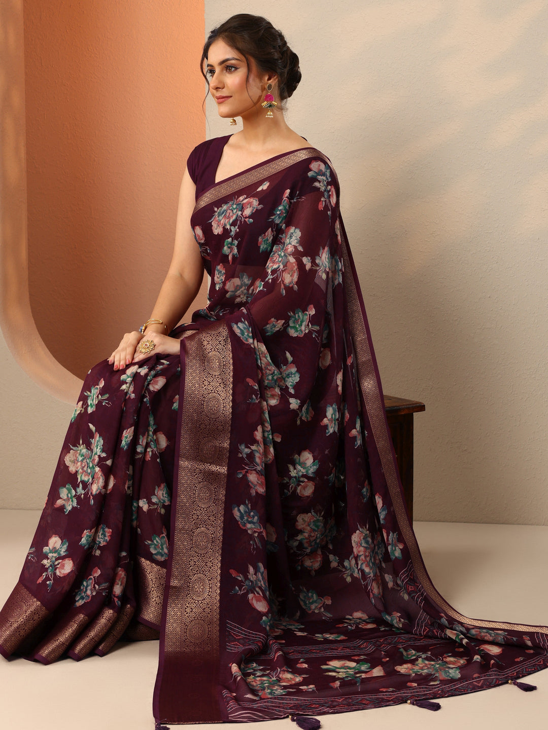 Burgundy Printed Georgette Saree With Unstitched Blouse Piece