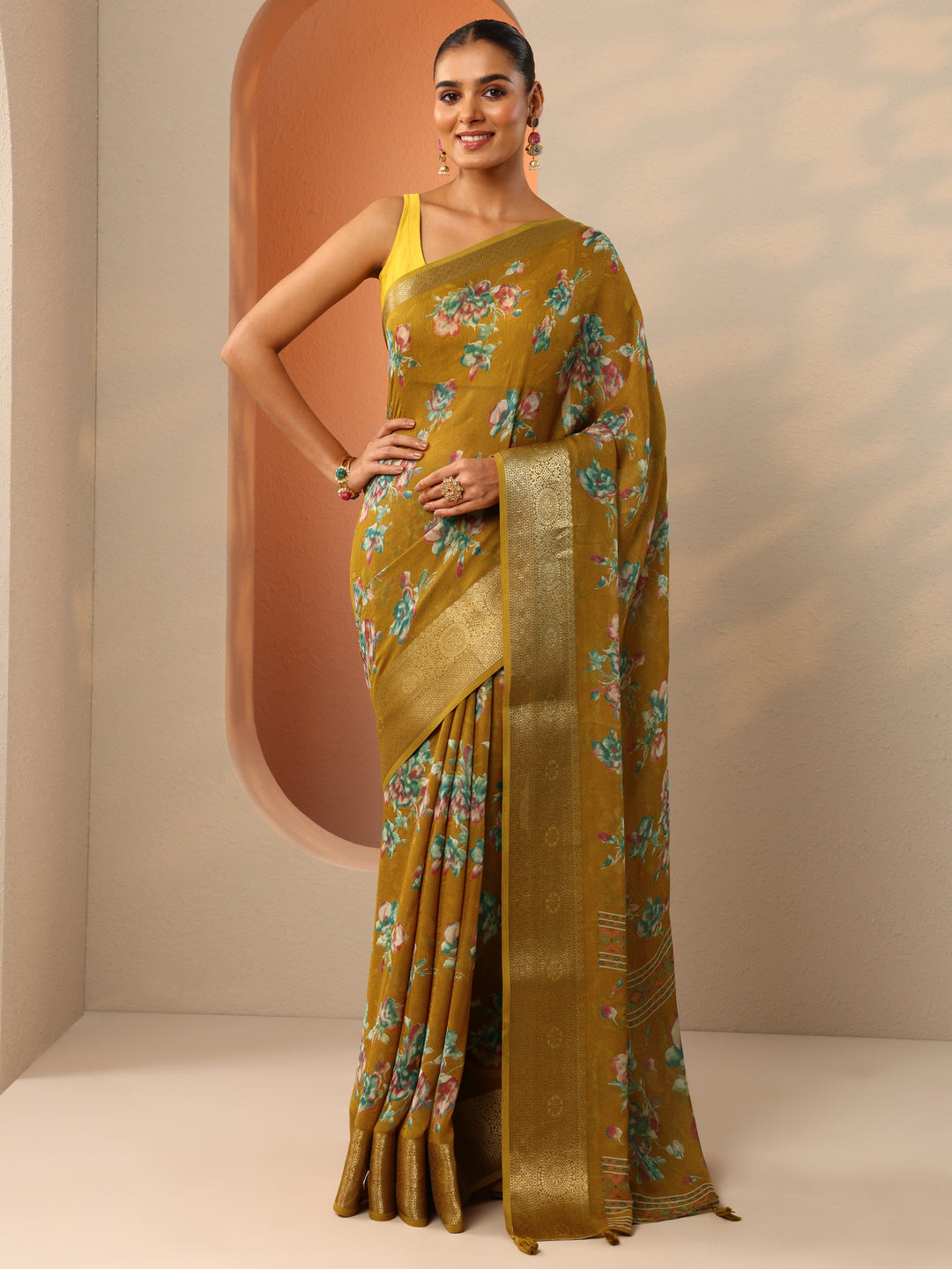  Mustard Printed Georgette Saree With Unstitched Blouse Piece 