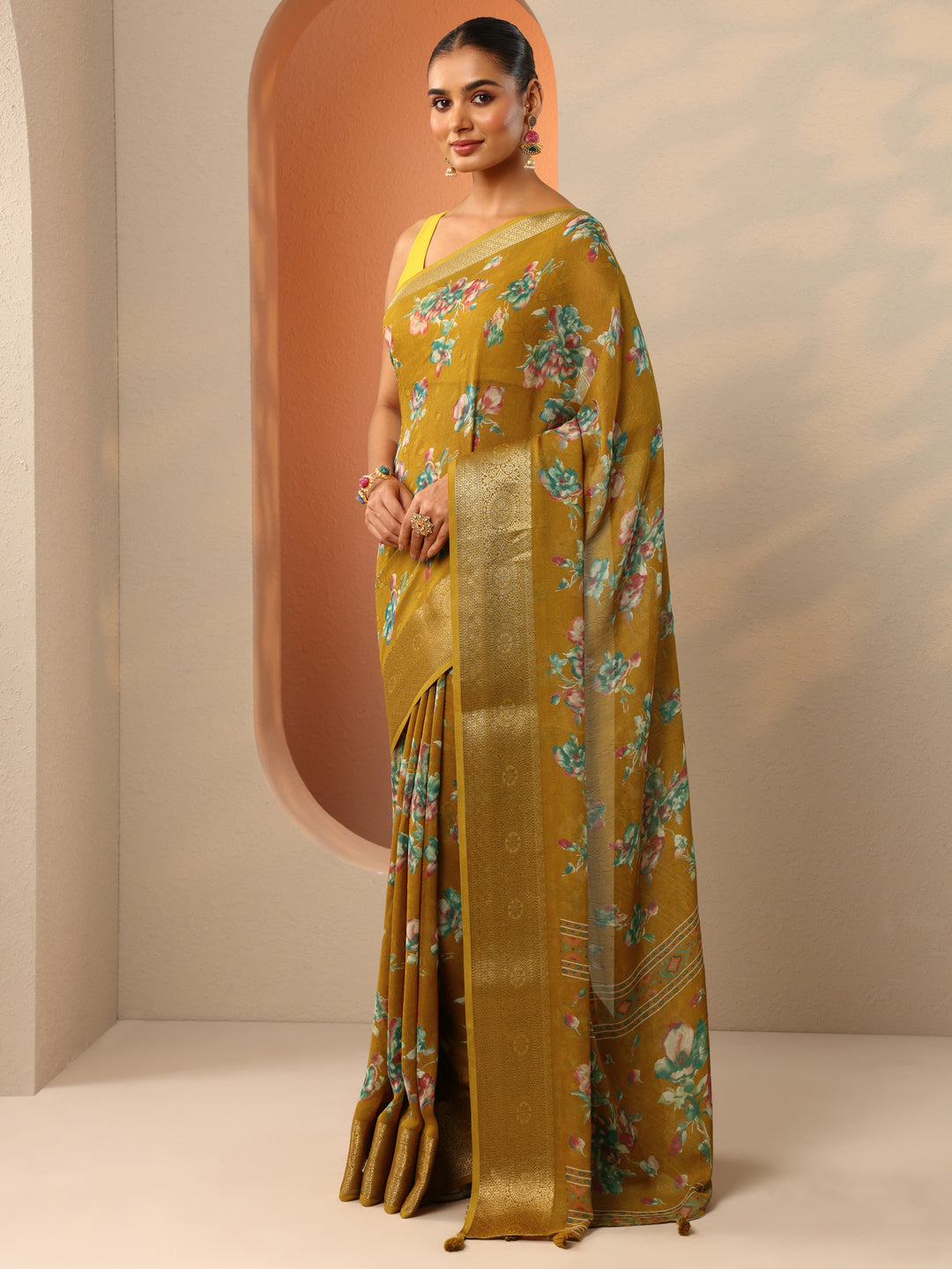  Mustard Printed Georgette Saree With Unstitched Blouse Piece 