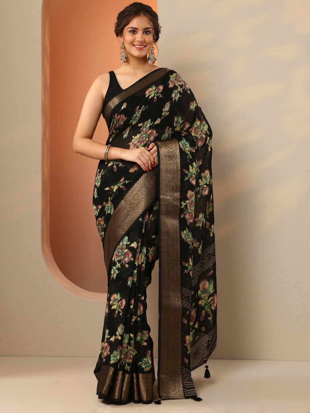  Black Printed Georgette Saree With Unstitched Blouse Piece 