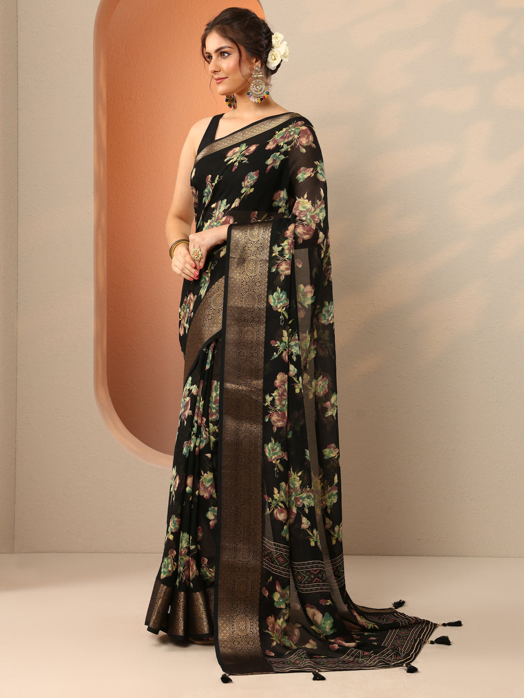  Black Printed Georgette Saree With Unstitched Blouse Piece 