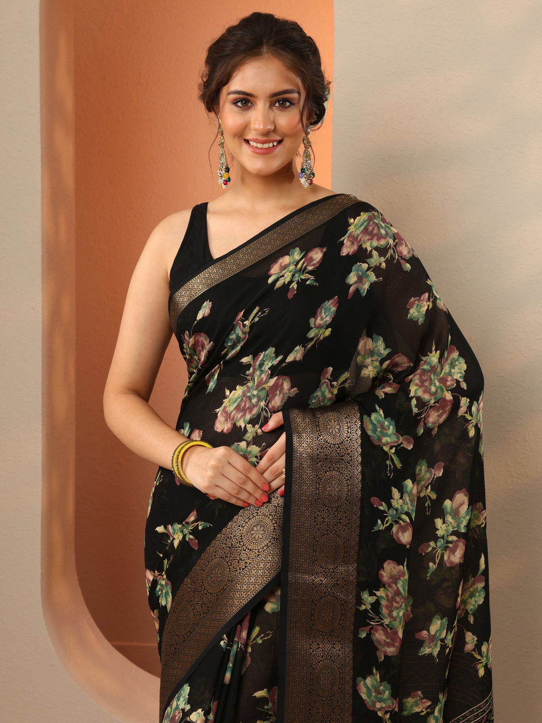  Black Printed Georgette Saree With Unstitched Blouse Piece 