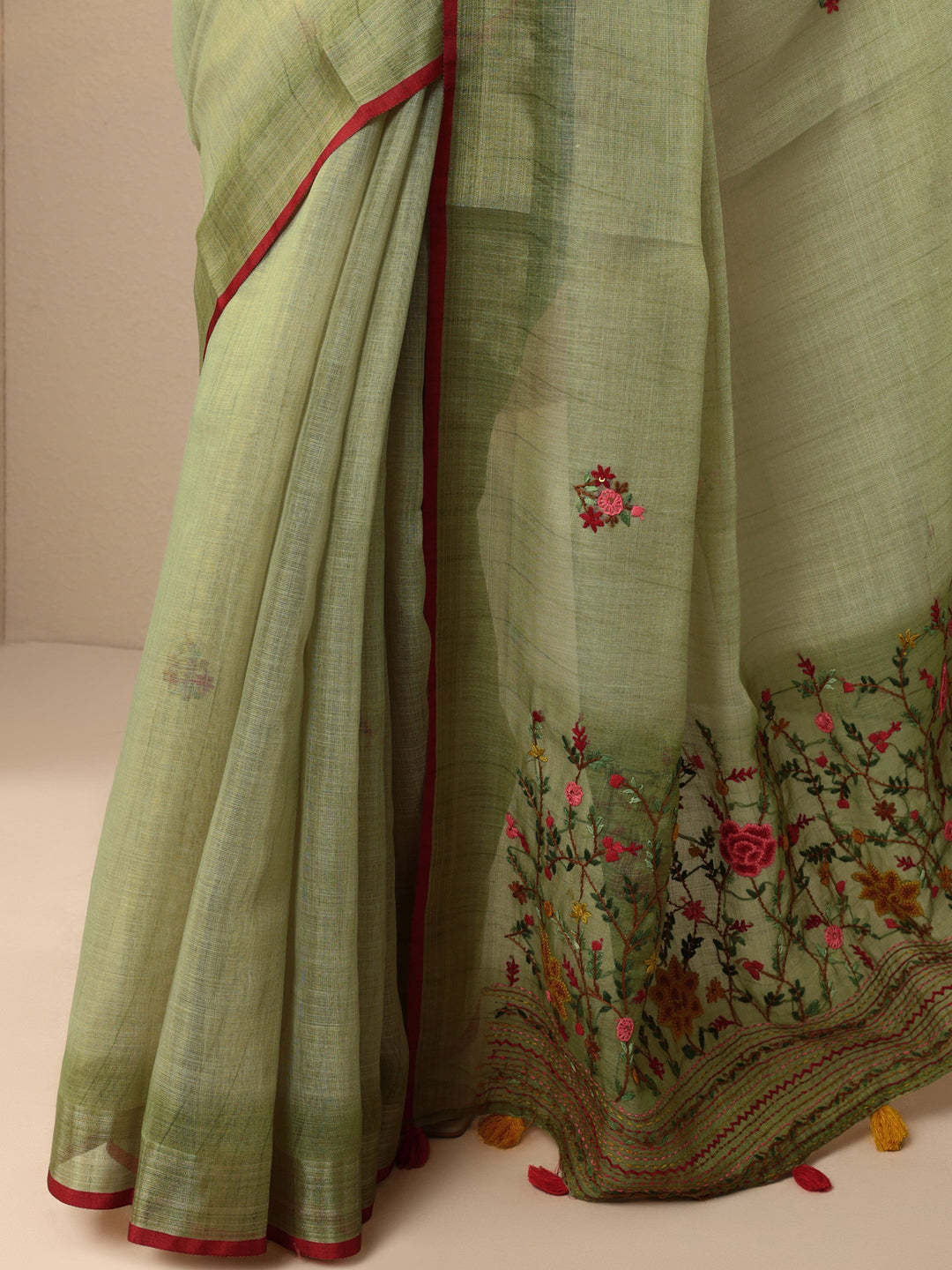  Olive Embroidered Silk Blend Saree With Unstitched Blouse Piece 