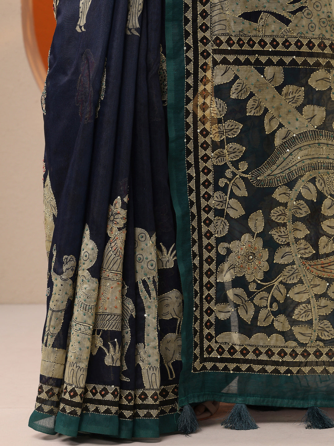  Navy Blue Pochampally Printed Silk Blend Saree With Unstitched Blouse Piece 