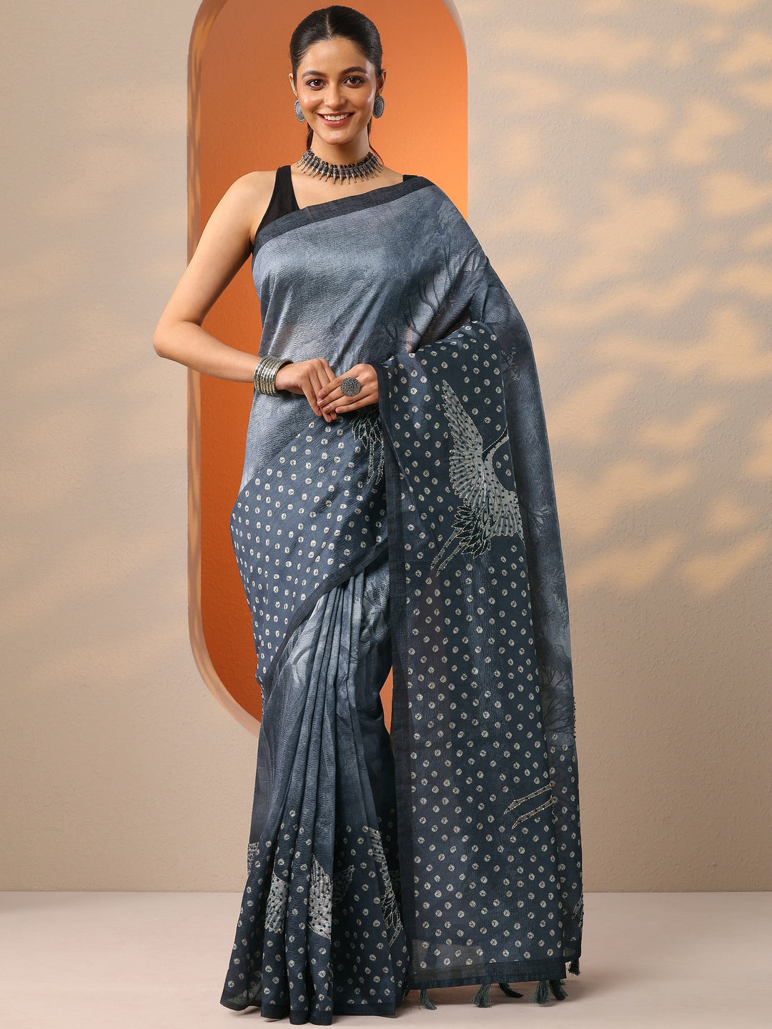  Grey Bandhani Printed Silk Blend Saree With Unstitched Blouse Piece 