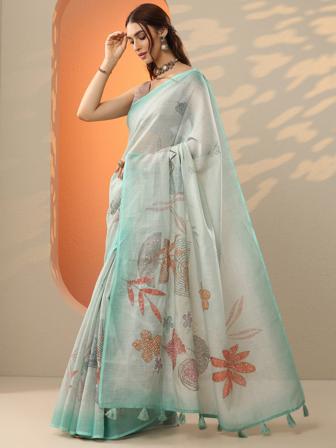  Blue Printed Silk Blend Saree With Unstitched Blouse Piece 
