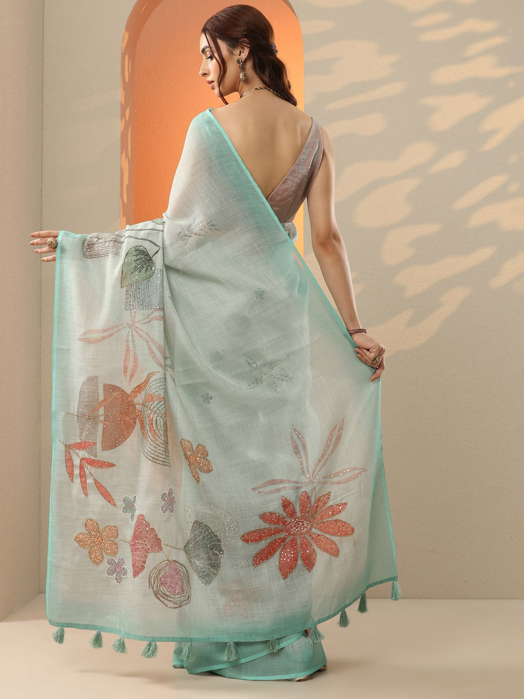  Blue Printed Silk Blend Saree With Unstitched Blouse Piece 