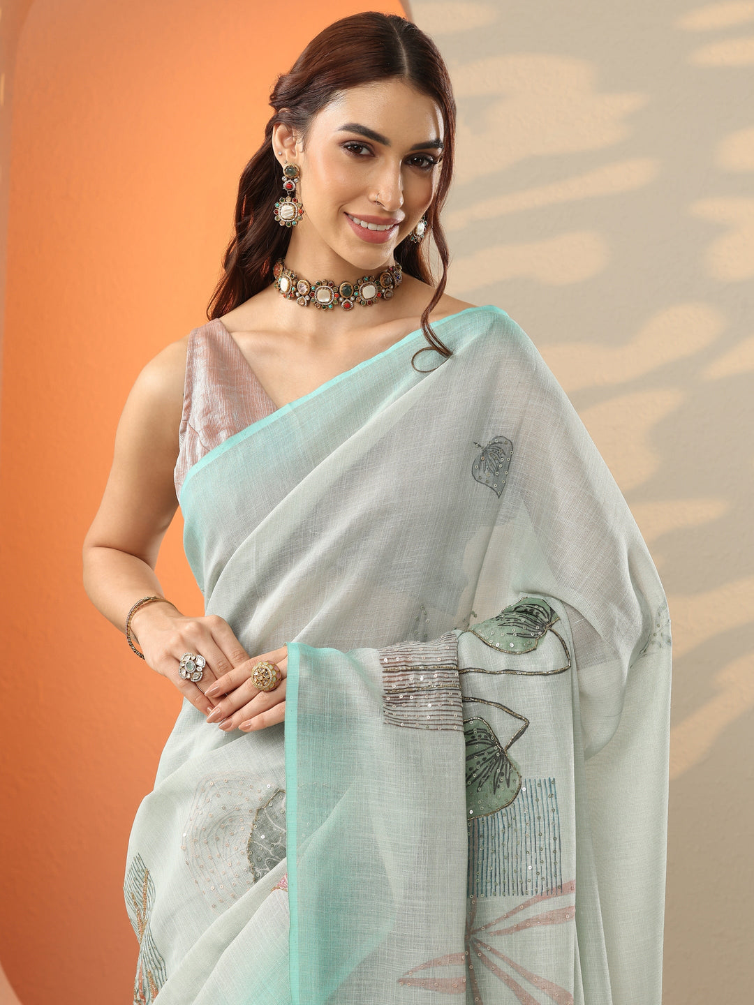  Blue Printed Silk Blend Saree With Unstitched Blouse Piece 