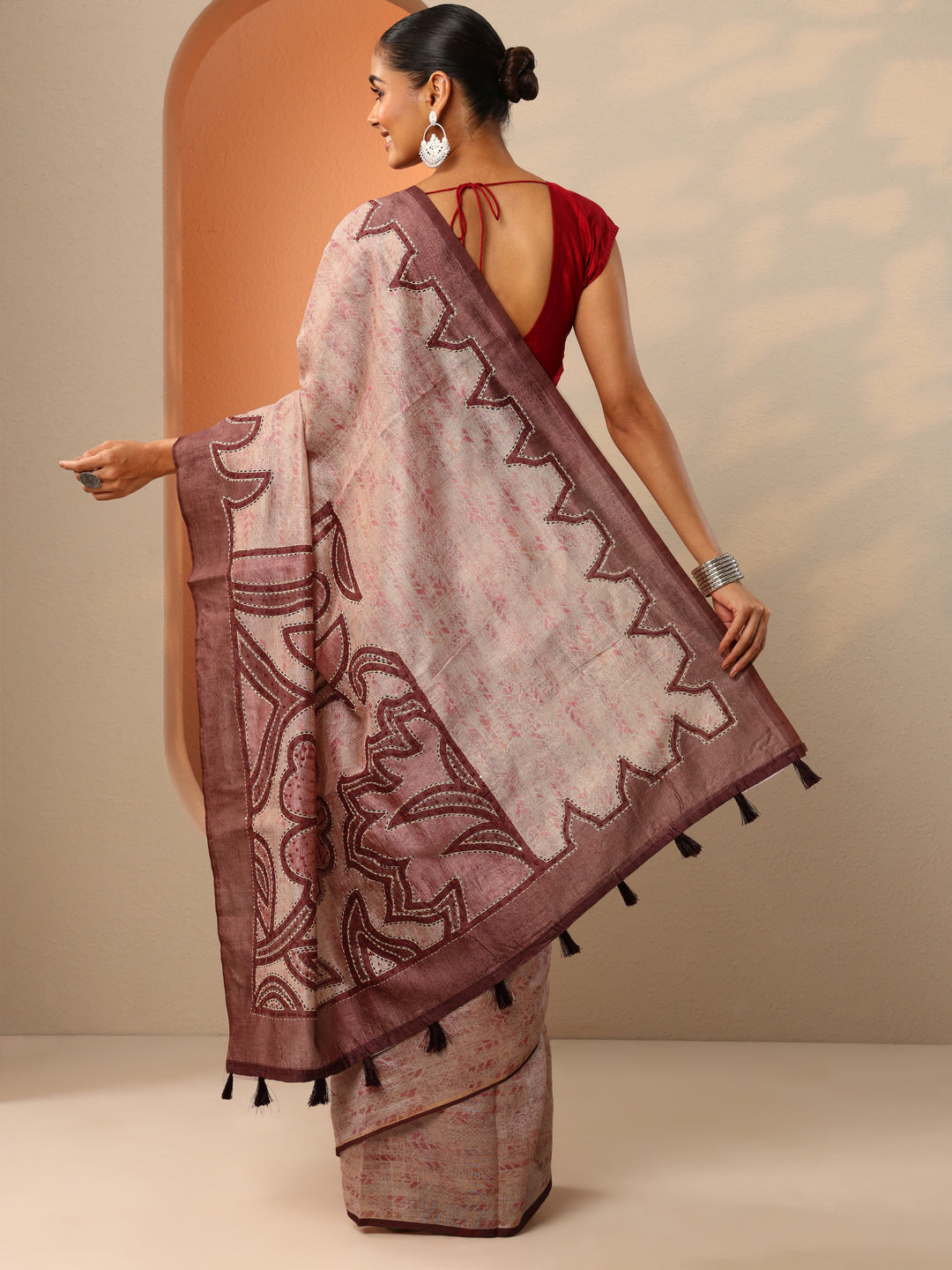  Brown Embellished Silk Blend Saree With Unstitched Blouse Piece 