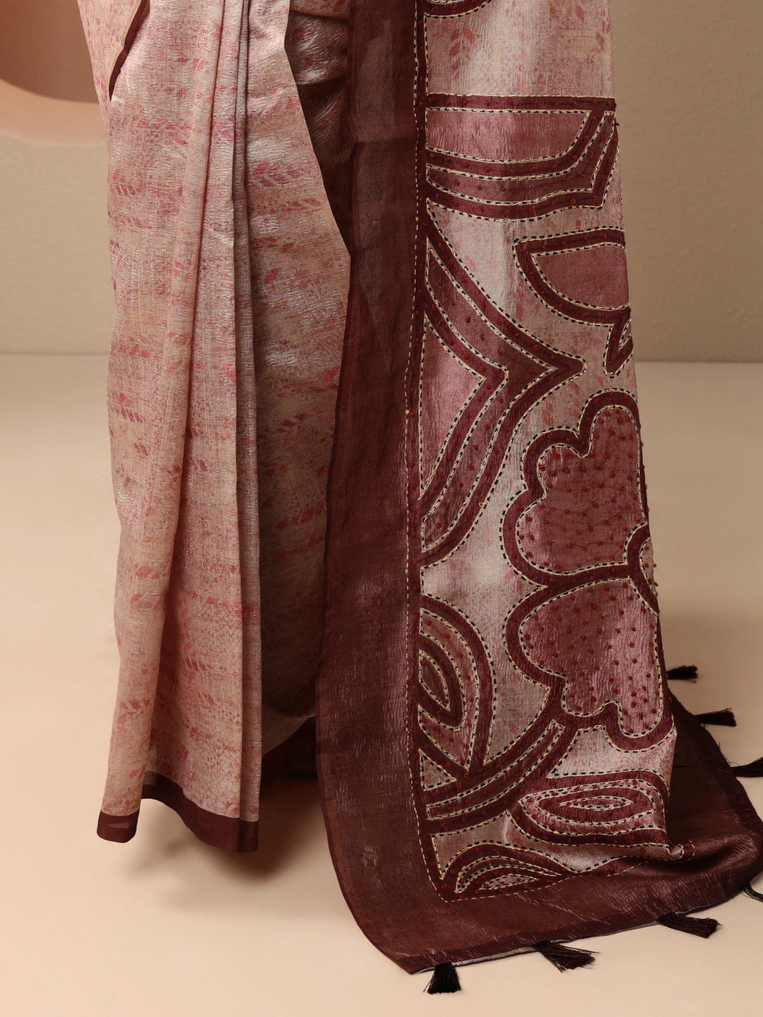  Brown Embellished Silk Blend Saree With Unstitched Blouse Piece 