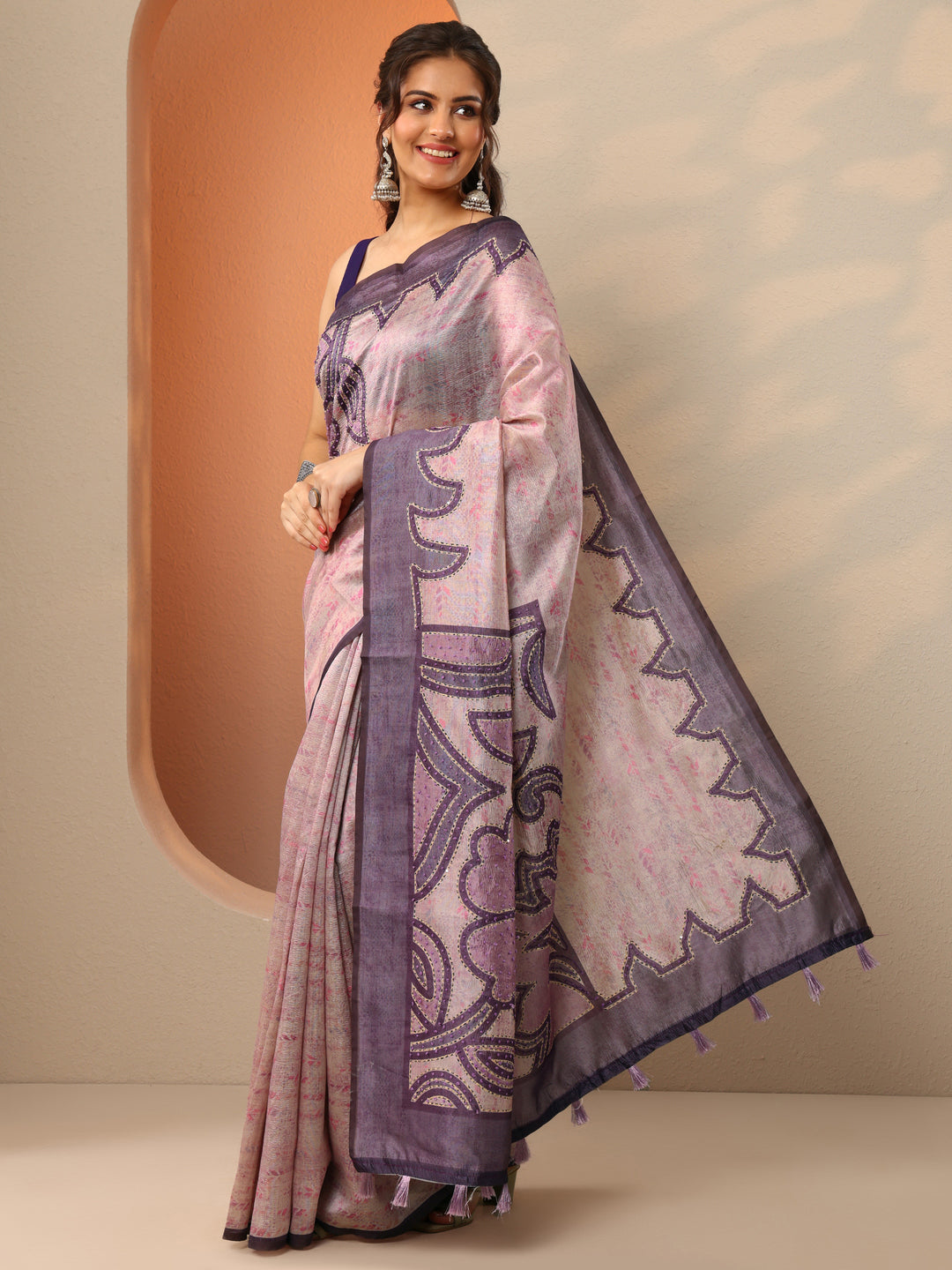  Lavender Embellished Silk Blend Saree With Unstitched Blouse Piece 
