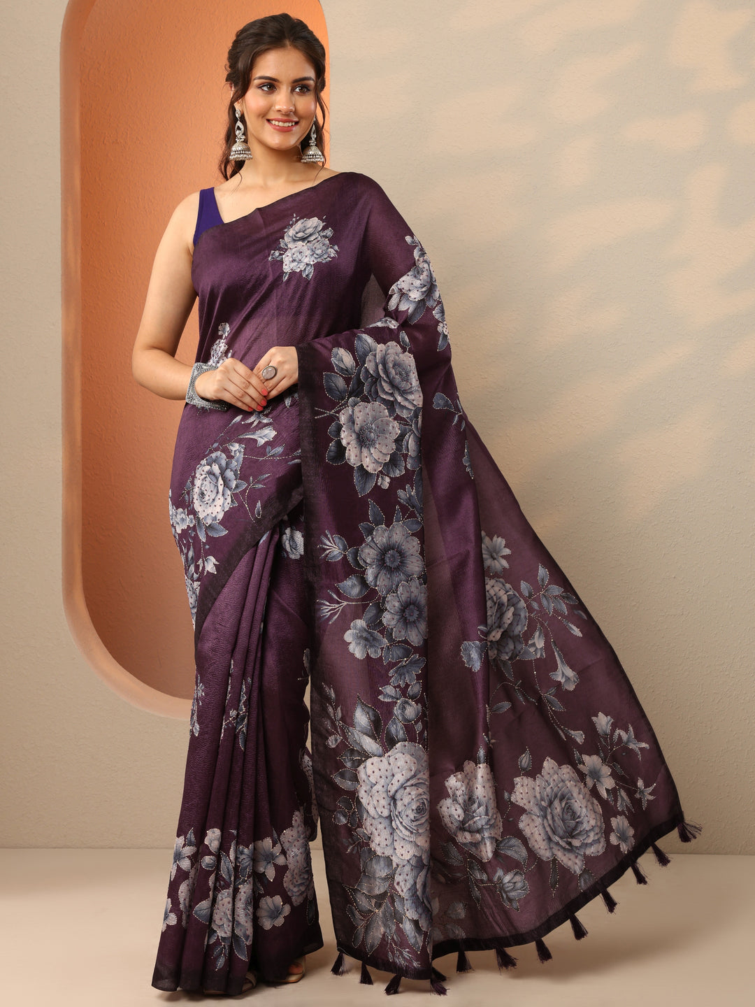  Burgundy Embellished Silk Blend Saree With Unstitched Blouse Piece 