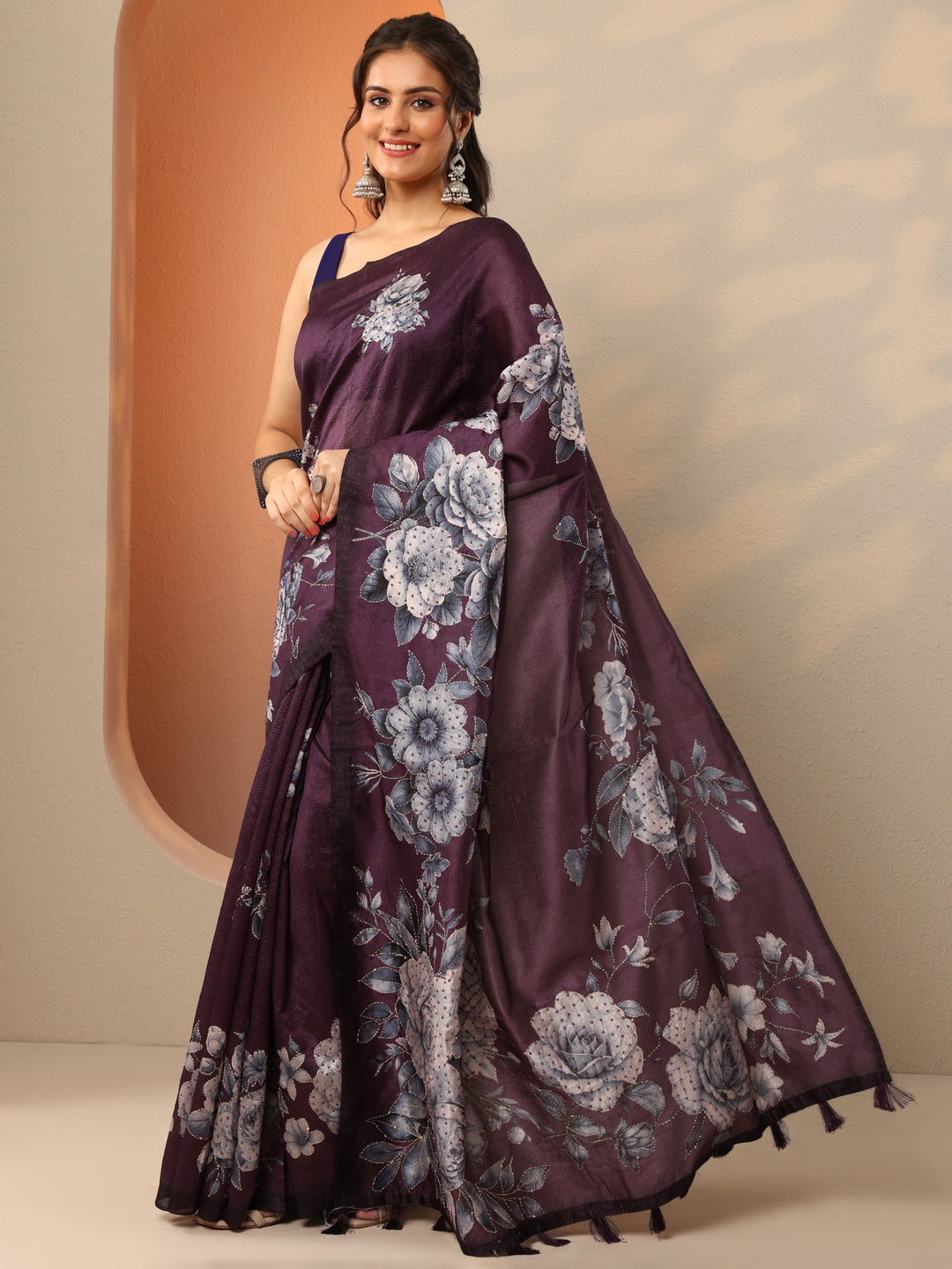  Burgundy Embellished Silk Blend Saree With Unstitched Blouse Piece 