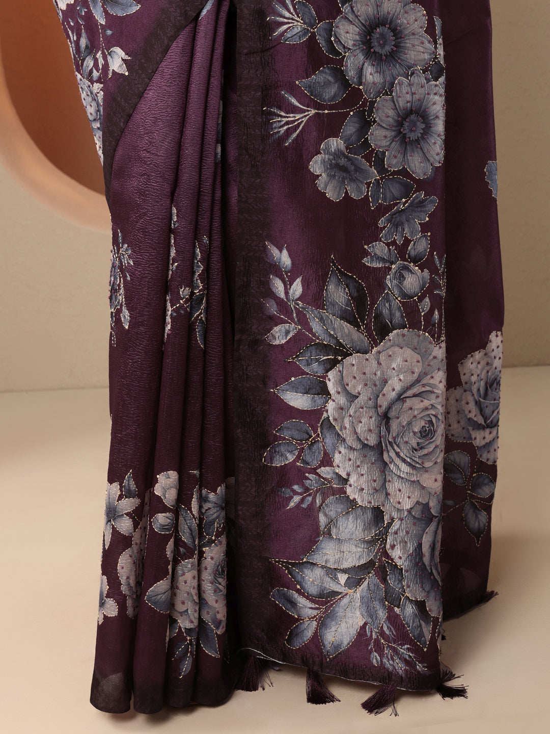  Burgundy Embellished Silk Blend Saree With Unstitched Blouse Piece 