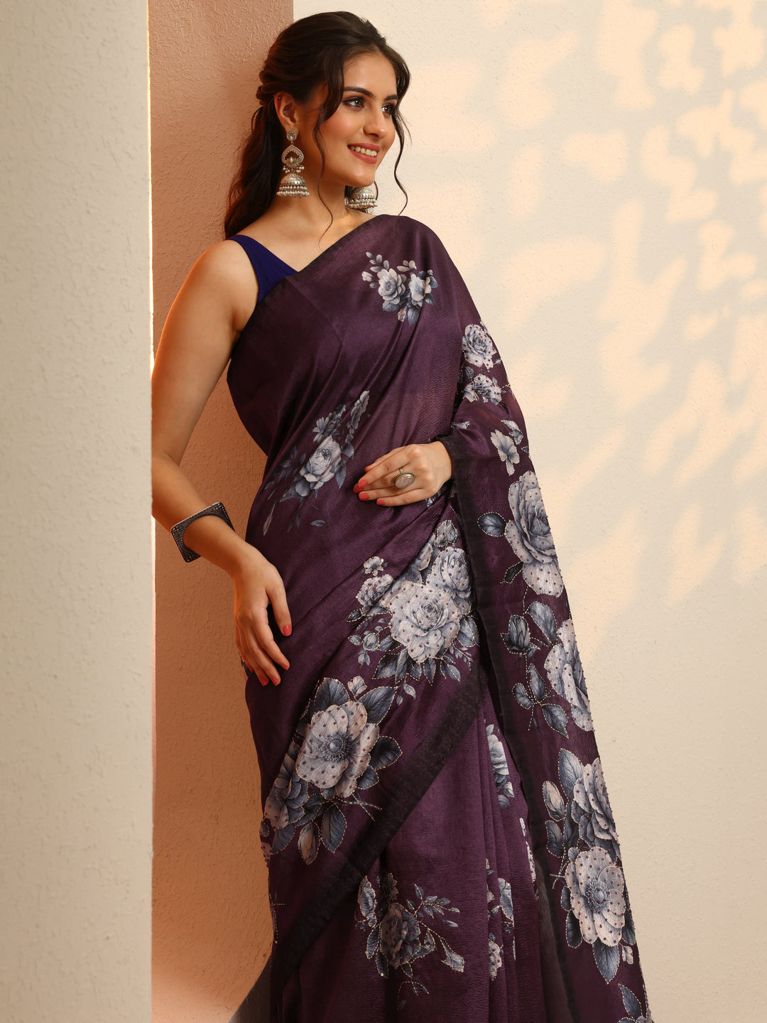  Burgundy Embellished Silk Blend Saree With Unstitched Blouse Piece 