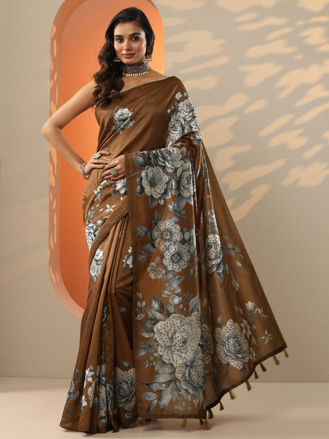  Brown Embellished Silk Blend Saree With Unstitched Blouse Piece 