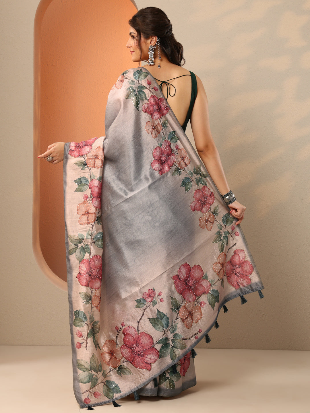  Grey Embellished Silk Blend Saree With Unstitched Blouse Piece 