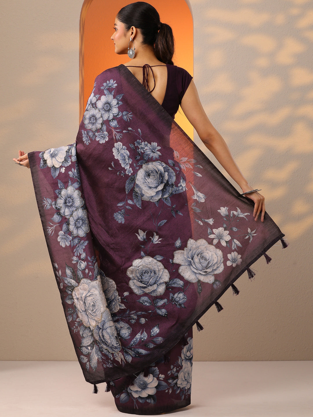  Burgundy Printed Silk Blend Saree With Unstitched Blouse Piece 