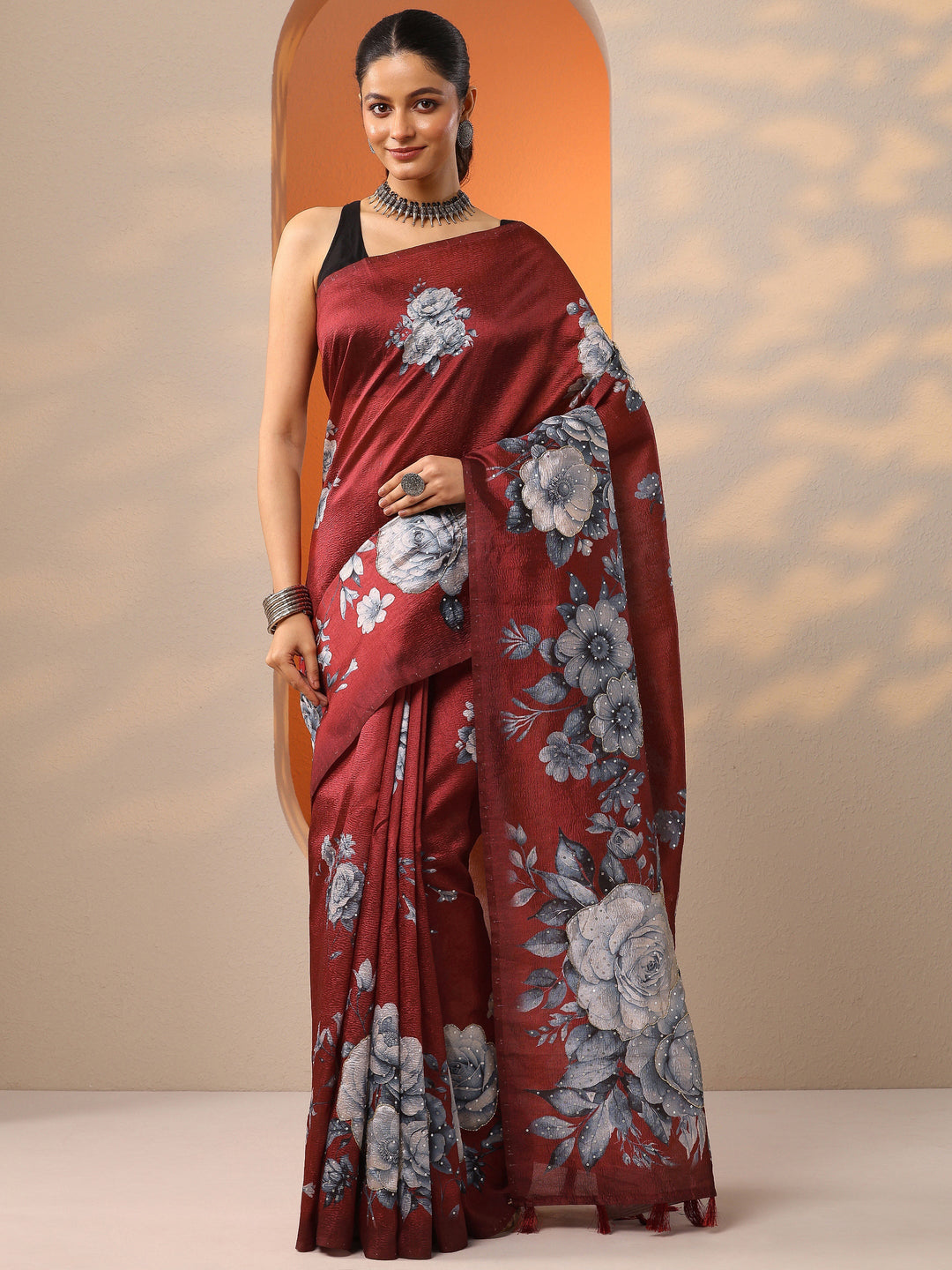  Maroon Printed Silk Blend Saree With Unstitched Blouse Piece 