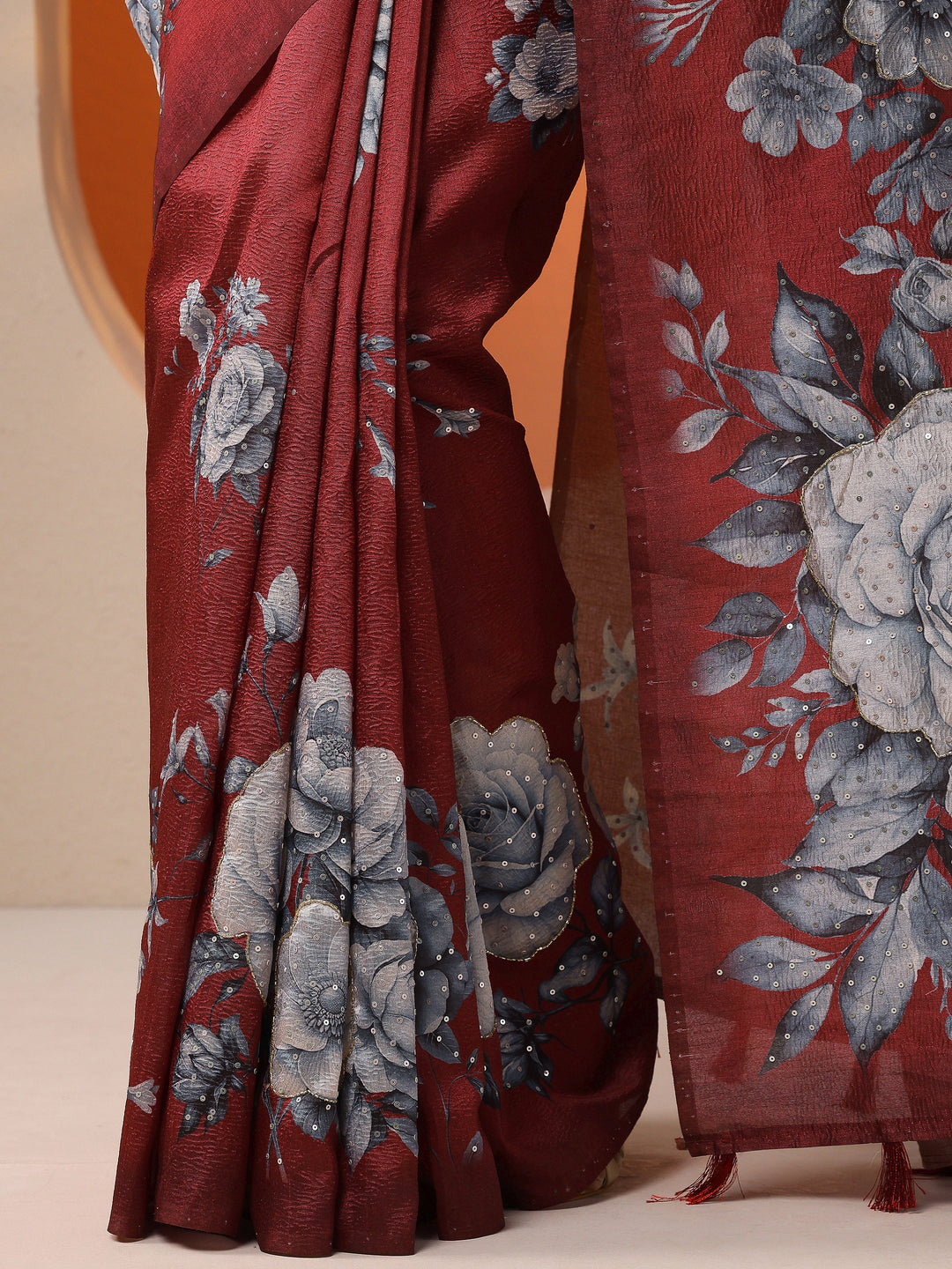  Maroon Printed Silk Blend Saree With Unstitched Blouse Piece 