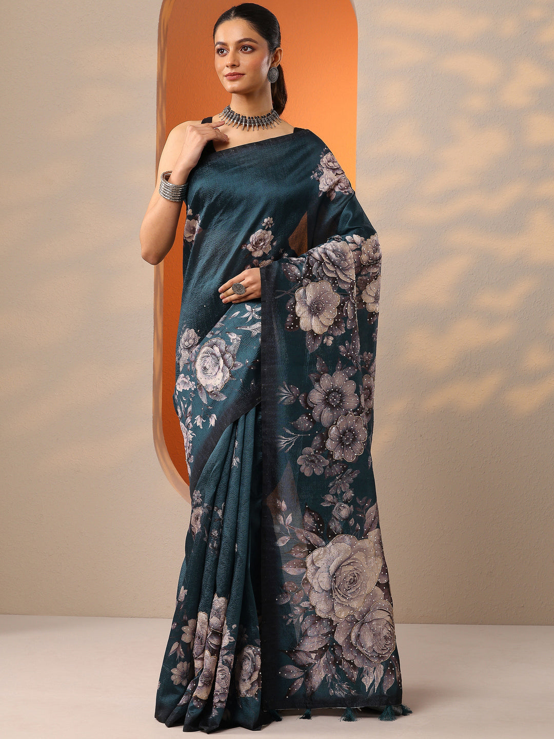  Teal Printed Silk Blend Saree With Unstitched Blouse Piece 