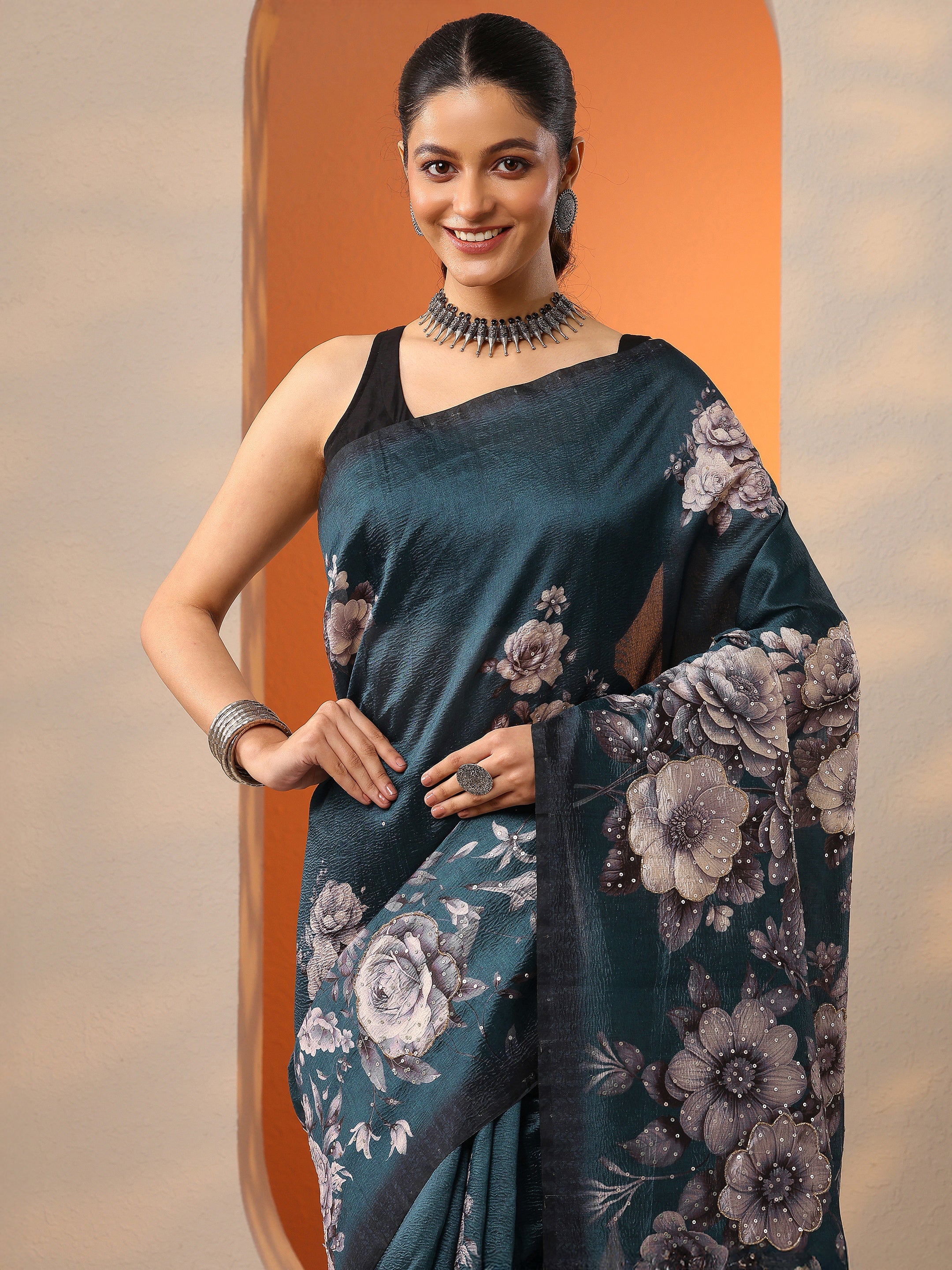 Teal Printed Silk Blend Saree With Unstitched Blouse Piece-image-15