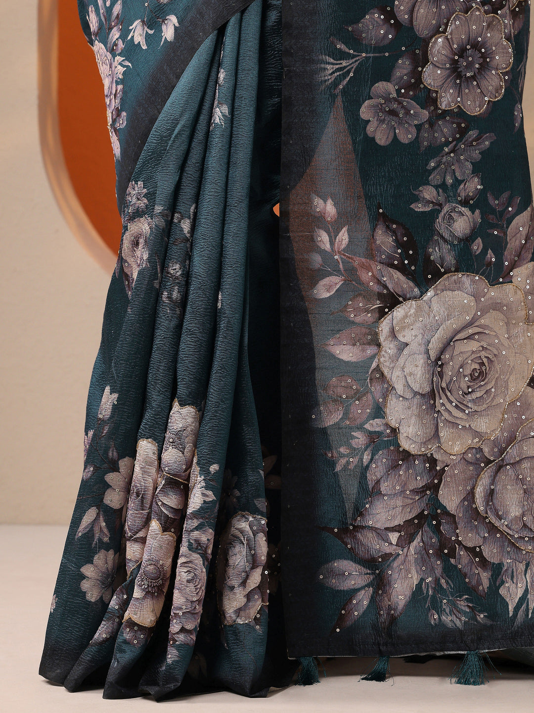 Teal Printed Silk Blend Saree With Unstitched Blouse Piece 