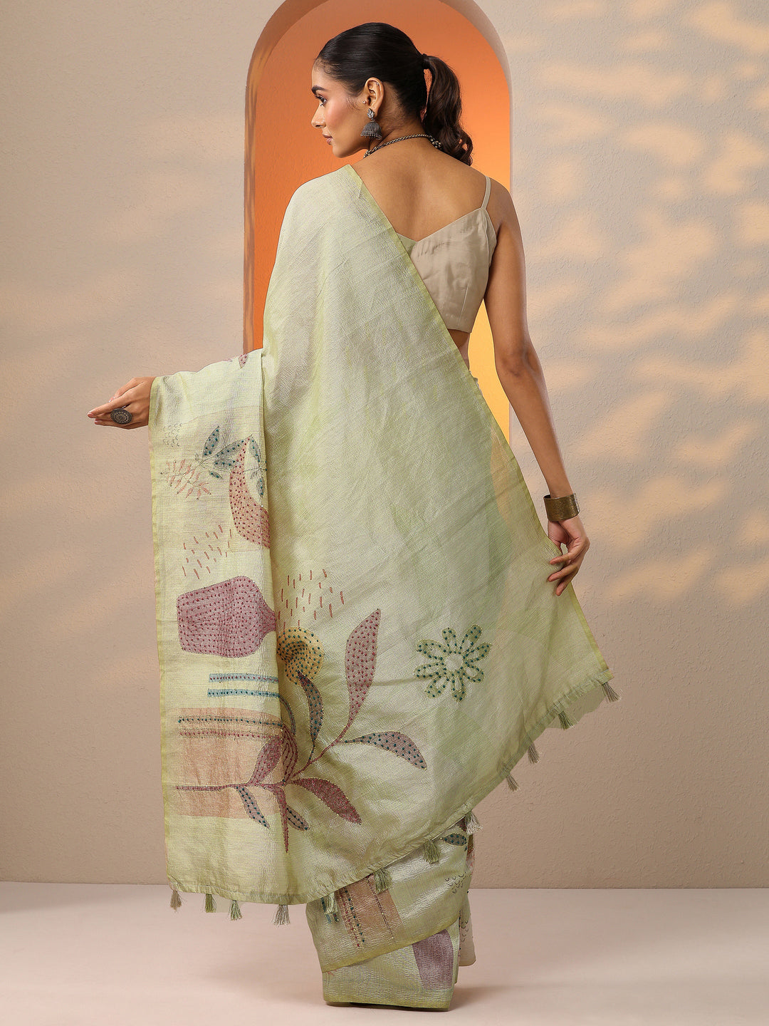  Beige Printed Silk Blend Saree With Unstitched Blouse Piece 
