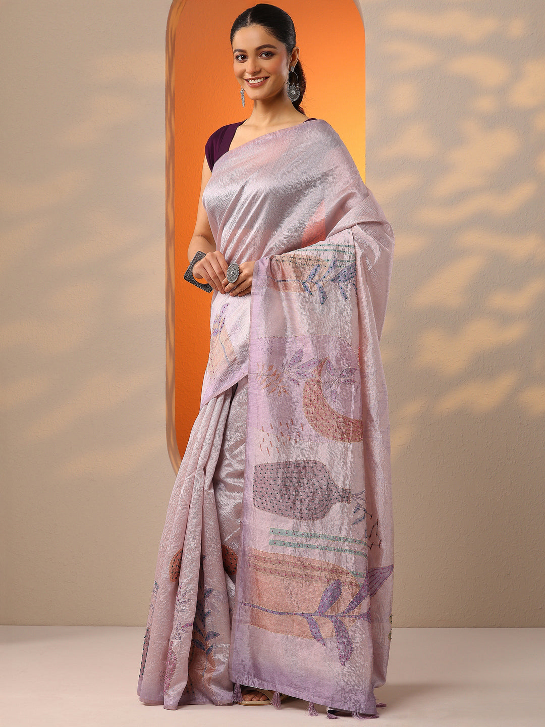  Lavender Printed Silk Blend Saree With Unstitched Blouse Piece 