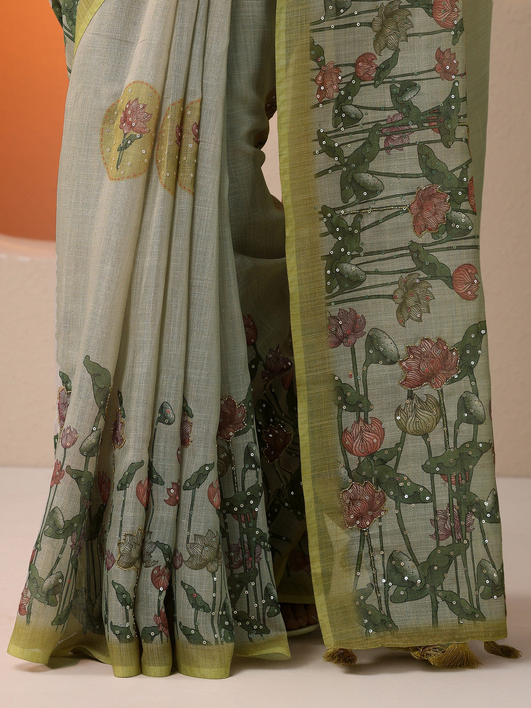  Green Printed Silk Blend Saree With Unstitched Blouse Piece 