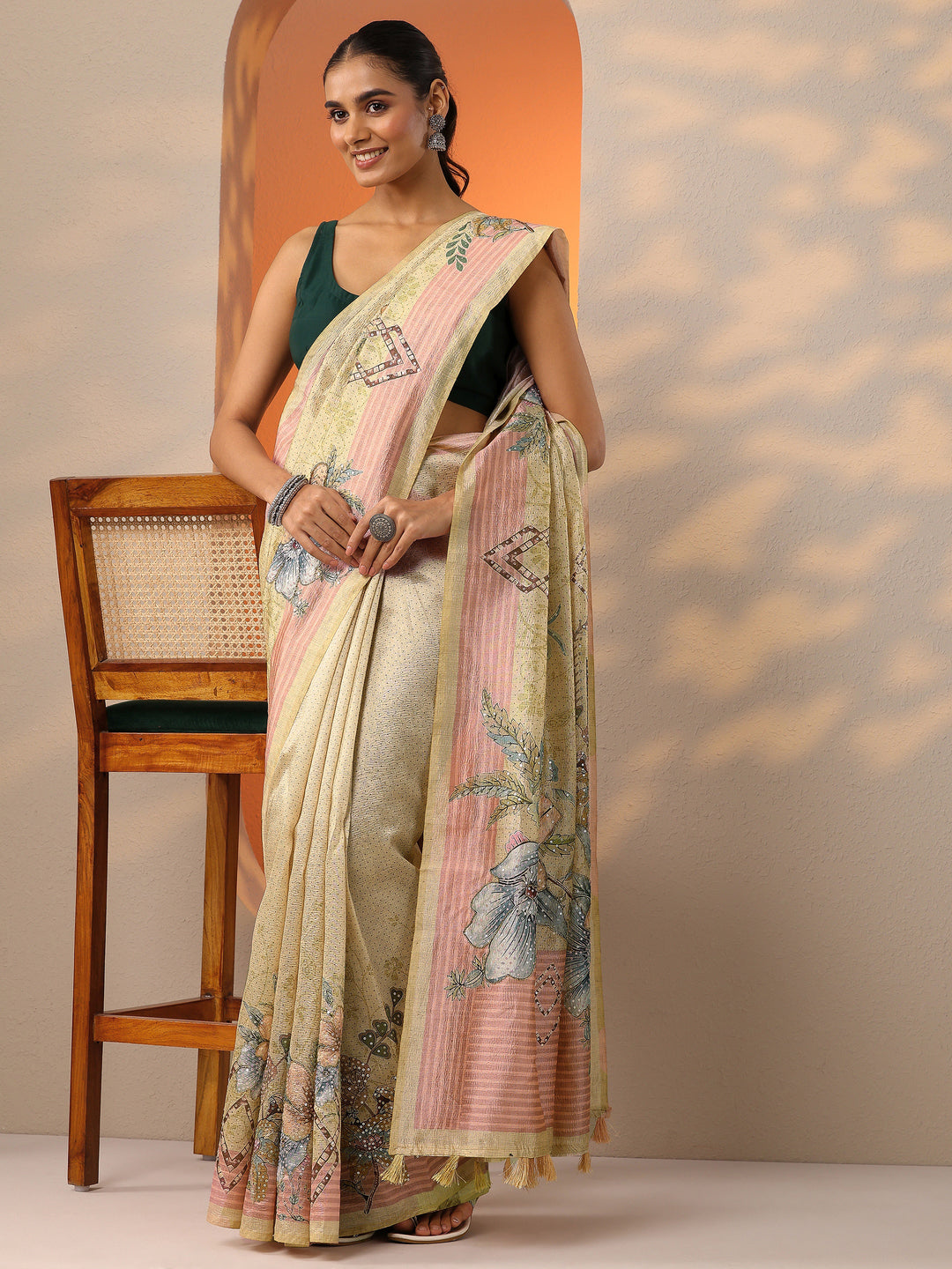  Beige Printed Silk Blend Saree With Unstitched Blouse Piece 