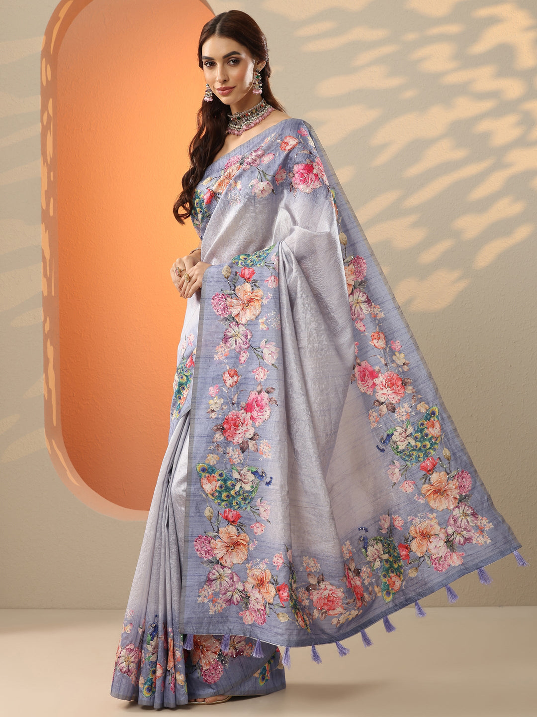  Lavender Printed Silk Blend Saree With Unstitched Blouse Piece 