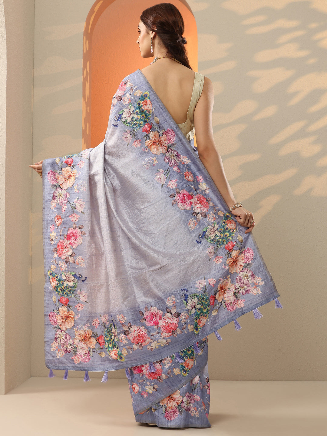  Lavender Printed Silk Blend Saree With Unstitched Blouse Piece 