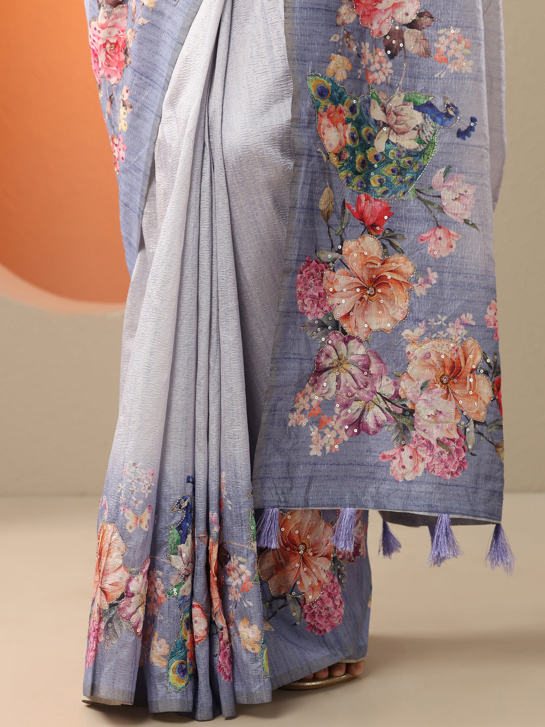  Lavender Printed Silk Blend Saree With Unstitched Blouse Piece 