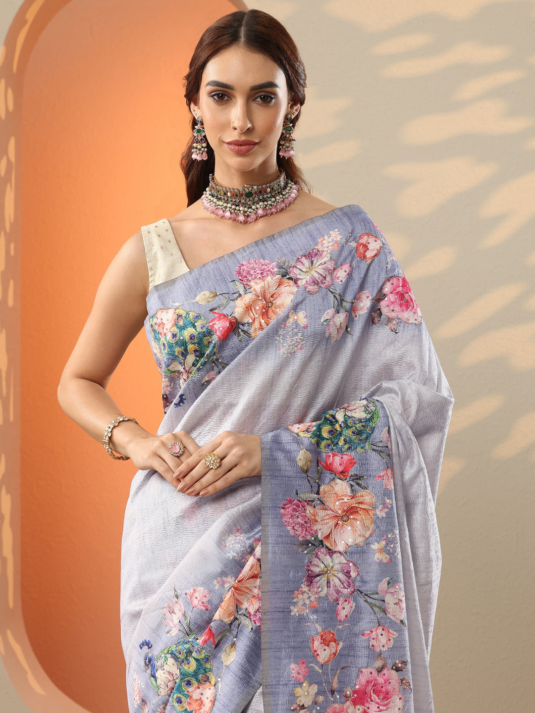  Lavender Printed Silk Blend Saree With Unstitched Blouse Piece 