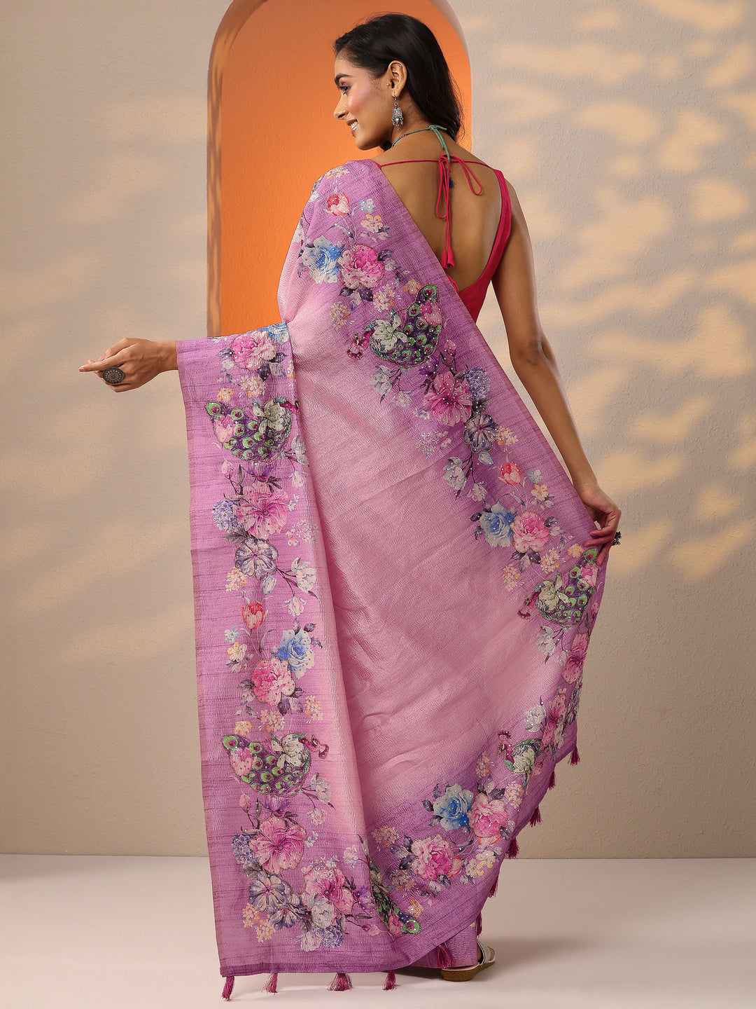  Mauve Printed Silk Blend Saree With Unstitched Blouse Piece 