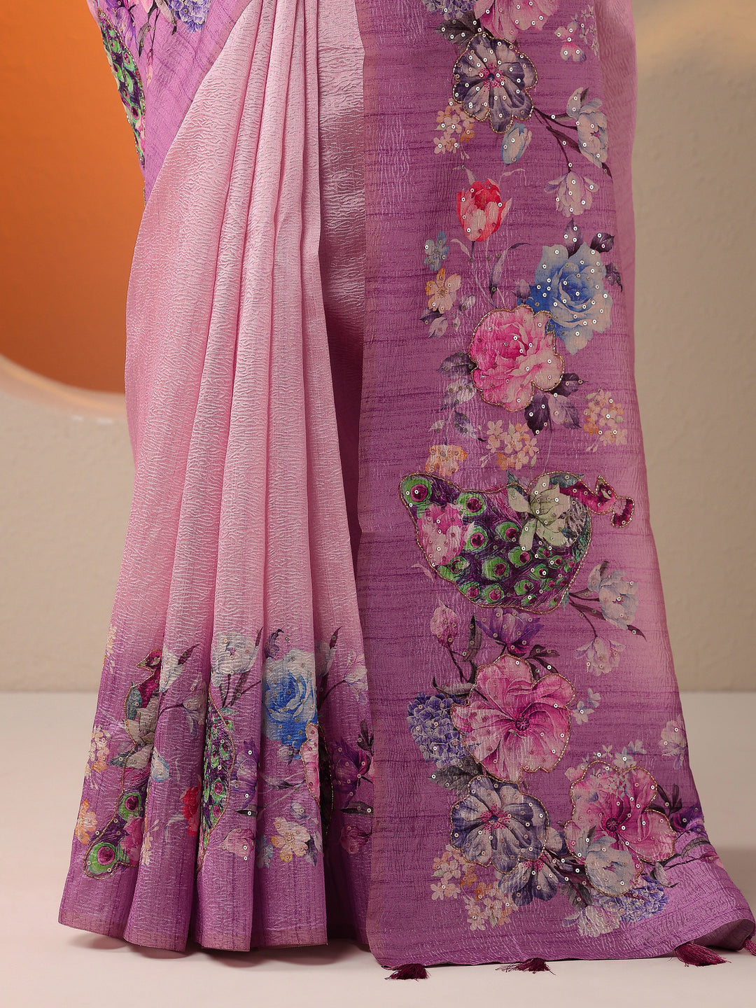  Mauve Printed Silk Blend Saree With Unstitched Blouse Piece 