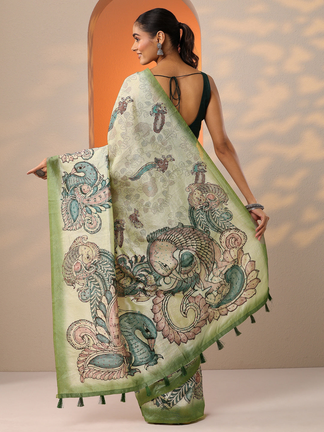 Beige Printed Silk Blend Saree With Unstitched Blouse Piece 
