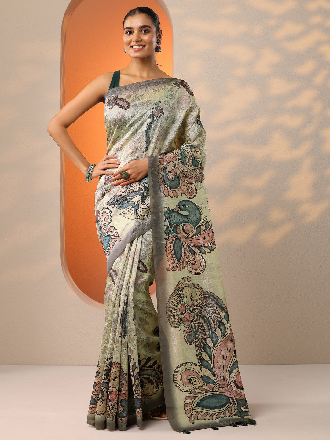  Beige Printed Silk Blend Saree With Unstitched Blouse Piece 