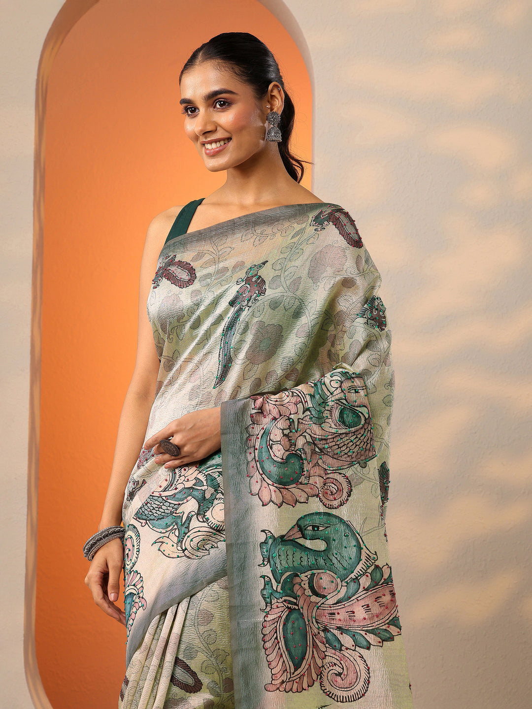  Beige Printed Silk Blend Saree With Unstitched Blouse Piece 