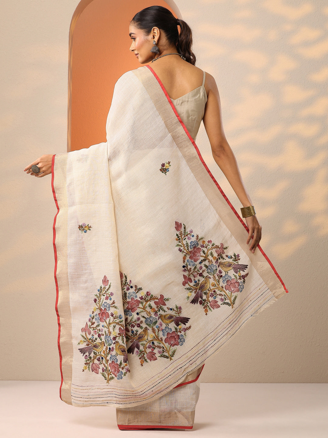  Beige Embroidered Silk Blend Saree With Unstitched Blouse Piece 