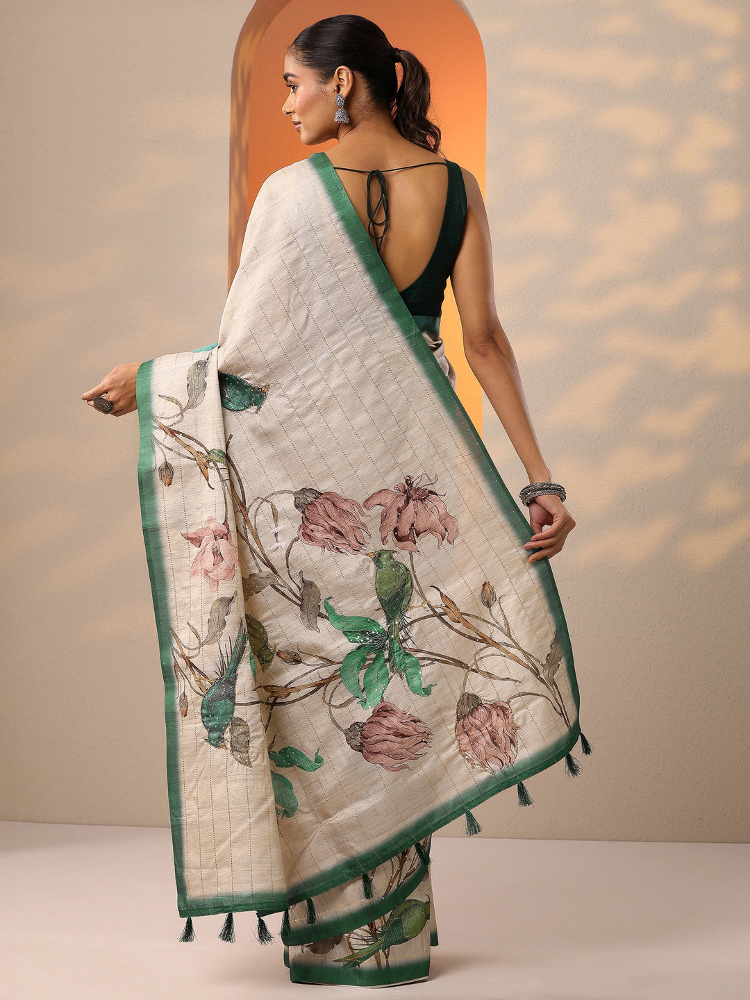  Beige Printed Silk Blend Saree With Unstitched Blouse Piece 
