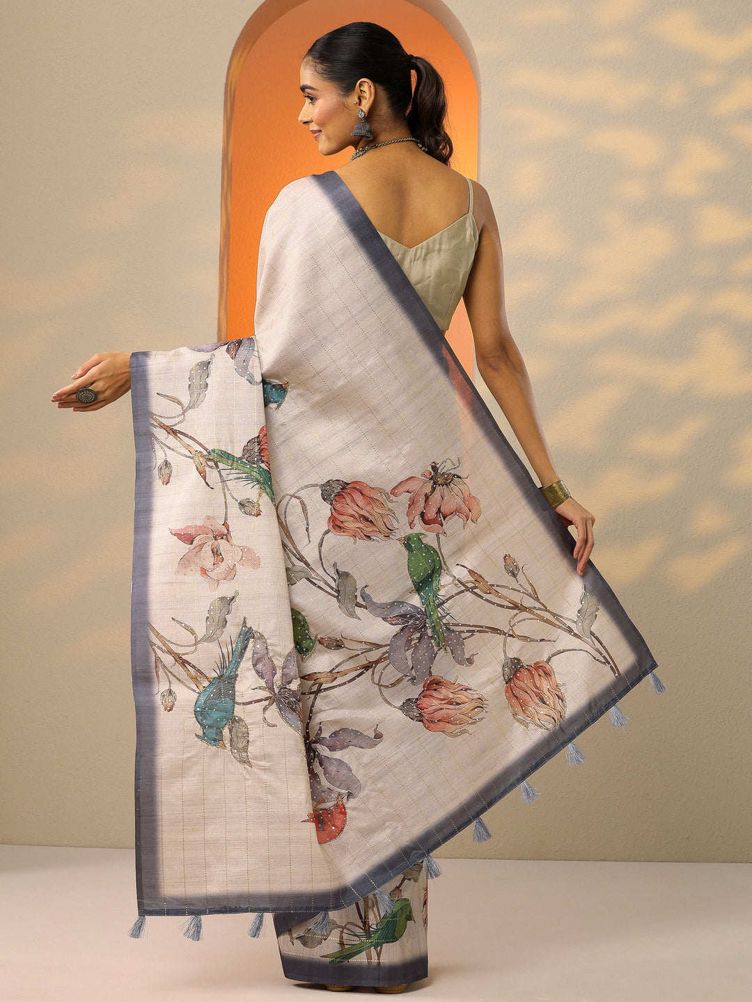  Beige Printed Silk Blend Saree With Unstitched Blouse Piece 