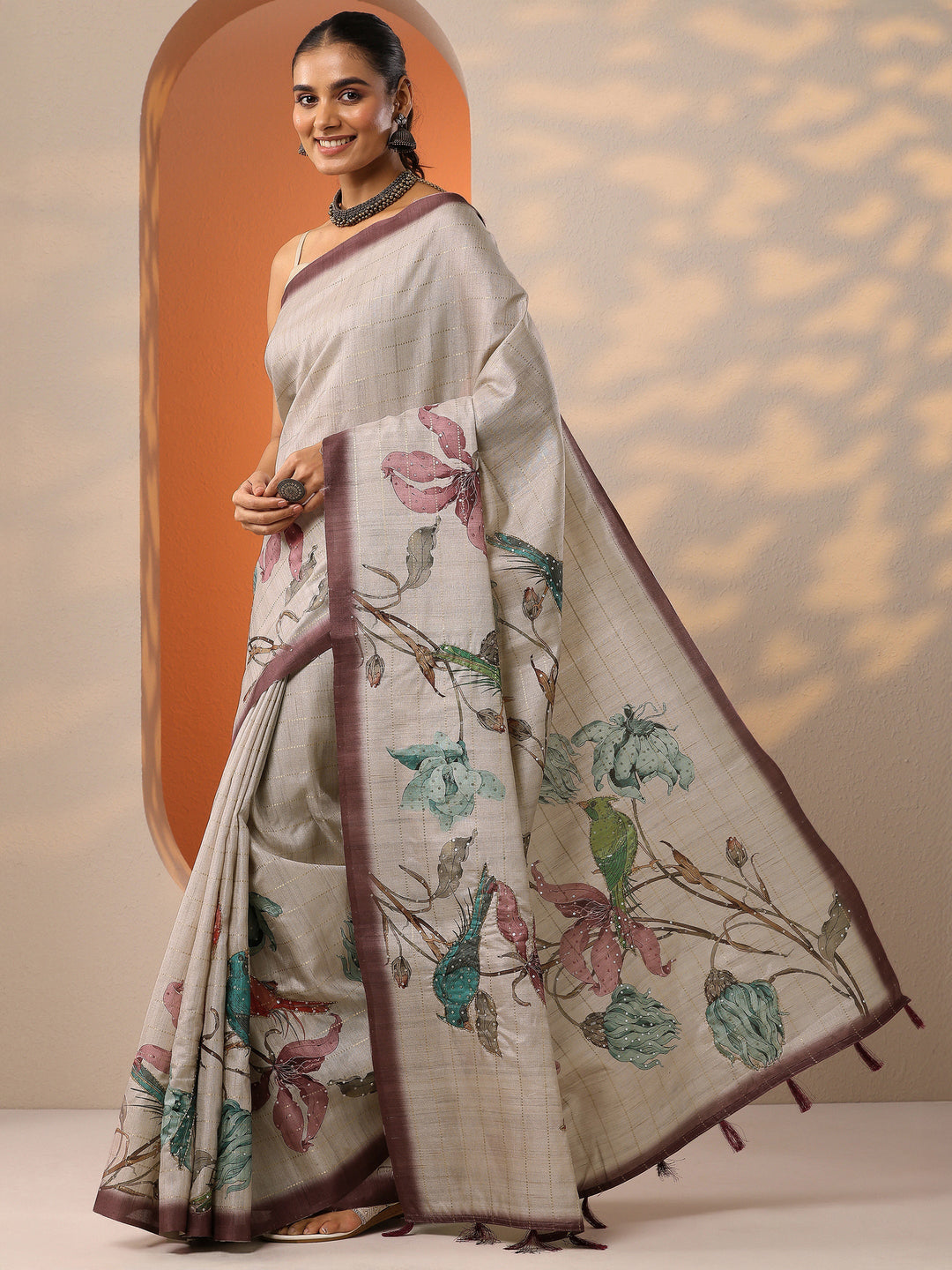  Beige Printed Silk Blend Saree With Unstitched Blouse Piece 
