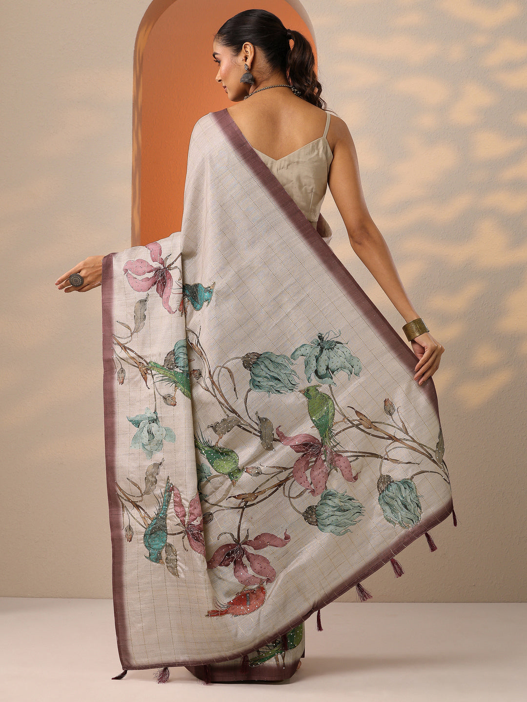  Beige Printed Silk Blend Saree With Unstitched Blouse Piece 