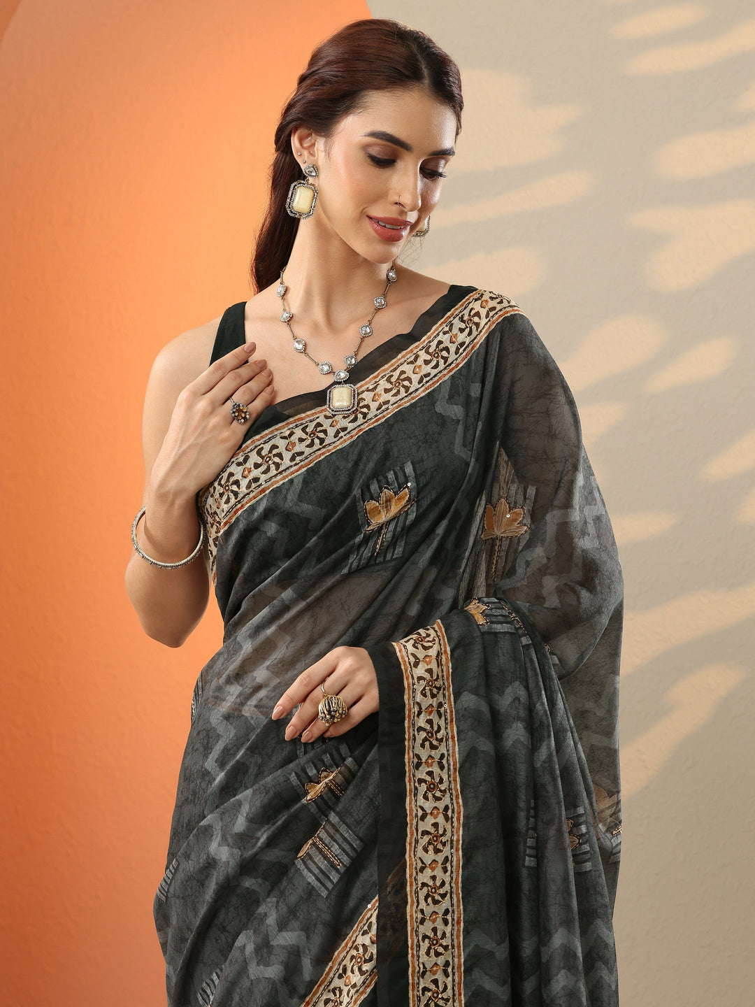  Black Printed Silk Blend Saree With Unstitched Blouse Piece 