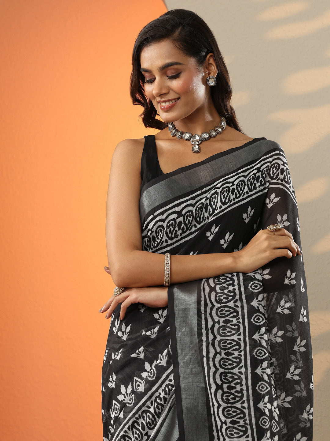  Black Printed Cotton Blend Saree With Unstitched Blouse Piece 